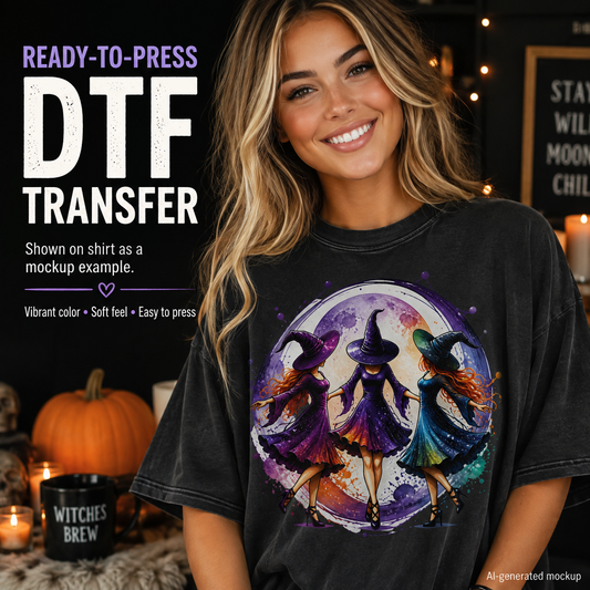 A smiling woman models a black graphic T-shirt featuring three witches holding hands in front of a glowing moon. Large promotional text on the left reads 'READY-TO-PRESS DTF TRANSFER' and describes the vibrant color and soft feel of the transfer.