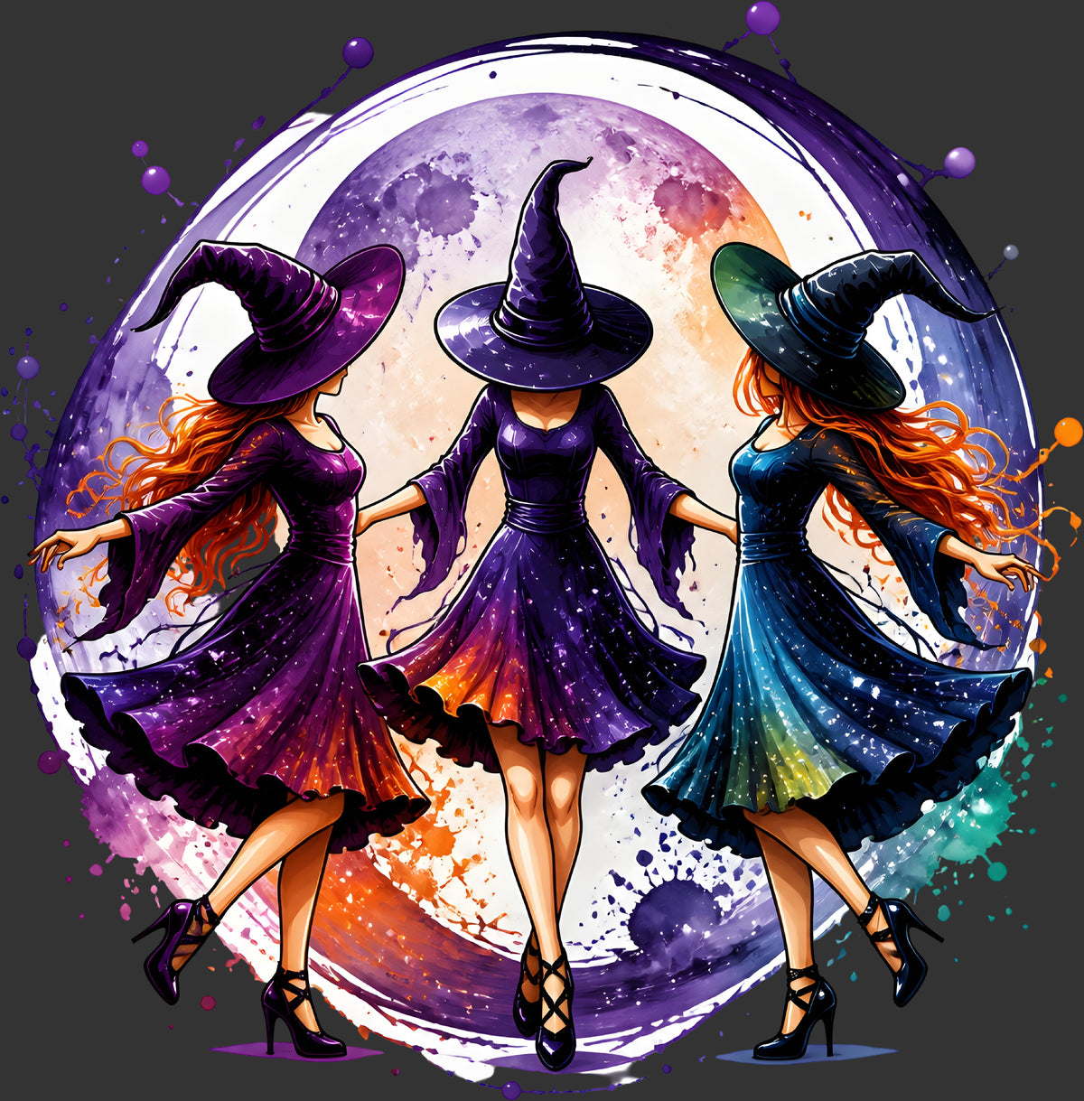 Three witch women in pointed hats and colorful dresses stand in front of a large moon illustration on a dark gray background. The artwork uses vivid purple, orange, blue, and pink tones with a watercolor splatter effect.