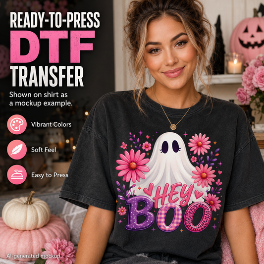 A woman wearing a black graphic T-shirt with a Halloween-themed DTF transfer design that reads 'HEY BOO' in pink and purple, featuring a white ghost, pink flowers, and small hearts. The image includes promotional text on the left side and seasonal decor in the background.