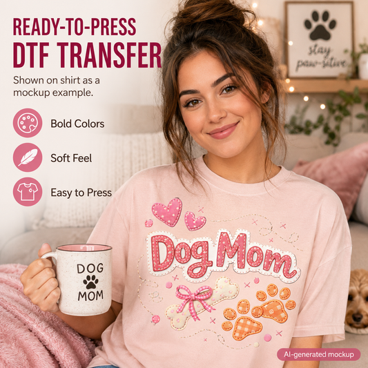 A woman in a cozy living room setting wearing a light pink t-shirt with a 'Dog Mom' DTF transfer graphic. The graphic features pink hearts, a pink bow, and orange paw prints.