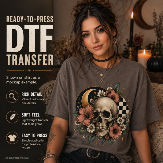 A woman wearing a dark brown graphic T-shirt with a large skull, flowers, and moon design on the front, posed in a cozy indoor setting with candles. Text on the left reads 'READY-TO-PRESS DTF TRANSFER' with feature callouts.