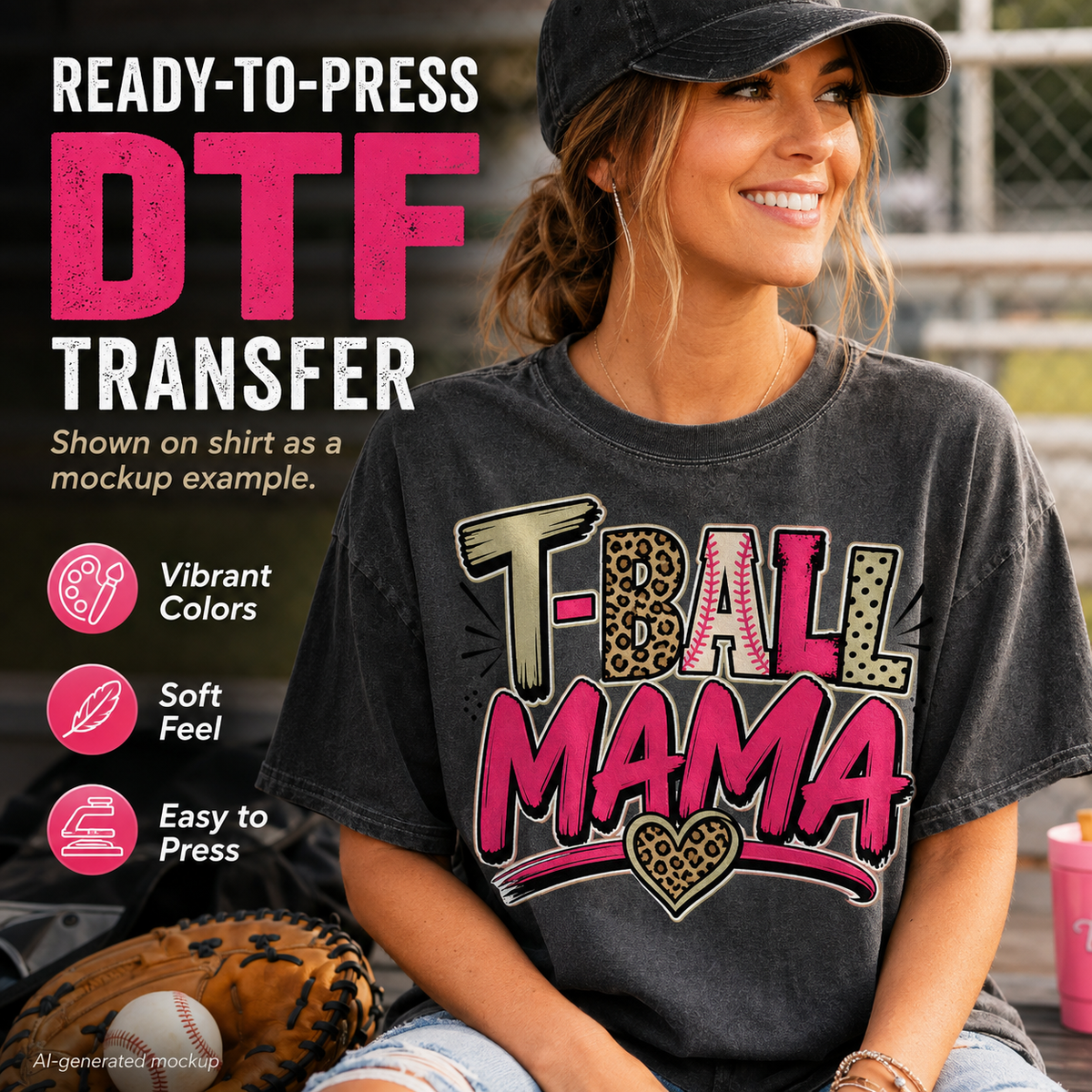A woman wearing a black cap and a charcoal gray T-shirt with a colorful 'T-BALL MAMA' DTF transfer graphic, seated outdoors with baseball gear around her. Large promotional text on the left reads 'READY-TO-PRESS DTF TRANSFER' with feature icons.