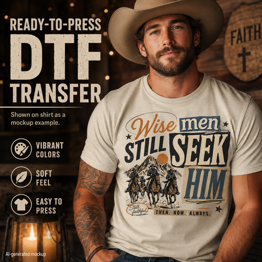 A man wearing a cowboy hat and a light beige graphic T-shirt in a rustic indoor setting. The shirt features a western-style print reading 'Wise men STILL SEEK HIM' with an illustration of riders on horseback and the phrase 'Then.