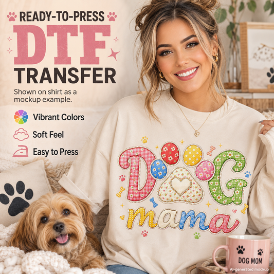 A woman wearing a cream sweatshirt with a colorful 'DOG mama' DTF transfer graphic, sitting with a small dog on a couch. The image includes promotional text for 'READY-TO-PRESS DTF TRANSFER' and a mug that reads 'DOG MOM'.