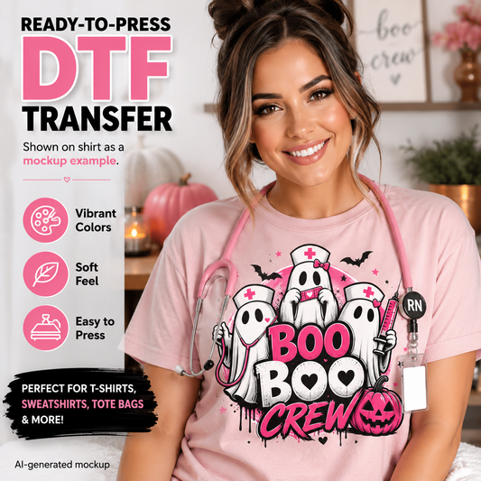 A woman wearing a pink DTF transfer mockup t-shirt with a Halloween-themed graphic that reads 'BOO BOO CREW' in pink and white with cartoon ghosts, nurse hats, bats, and a jack-o'-lantern. The image includes promotional text overlays on the left side detailing the features of the DTF transfer.