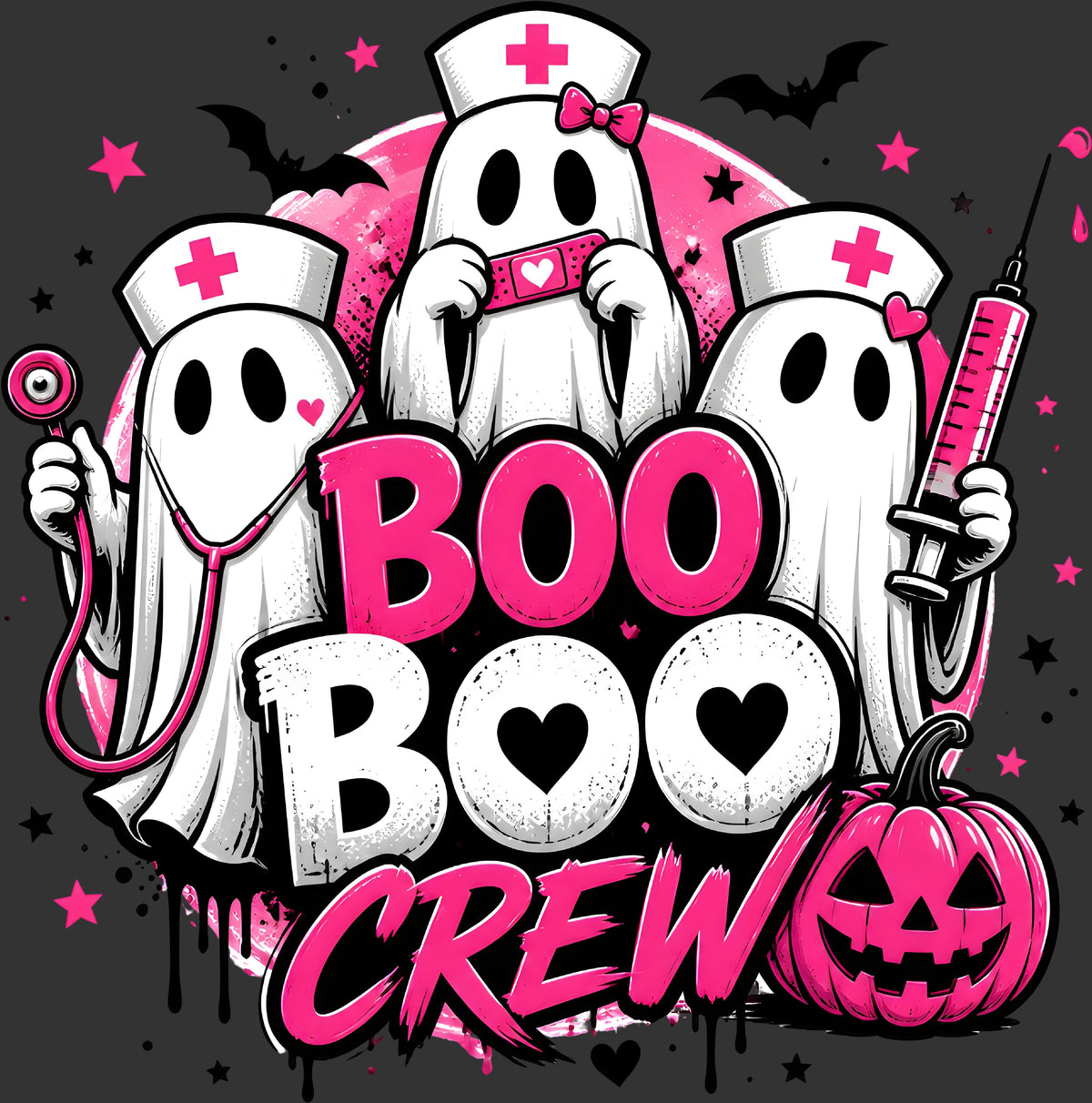 A Halloween-themed graphic design featuring four cartoon ghosts dressed as nurses with pink crosses on their hats, holding medical items like a stethoscope, bandage, and syringe. The text 'BOO BOO CREW' is written in bold pink and white letters, with a pink jack-o'-lantern at the bottom right, all set against a dark gray background with stars and bats.