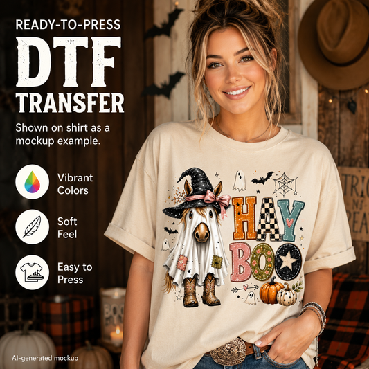 A woman wearing a cream-colored DTF transfer mockup t-shirt with a Halloween-themed graphic of a dog dressed as a witch and the text 'HAY BOO'. The image includes promotional text on the left detailing the DTF transfer qualities.