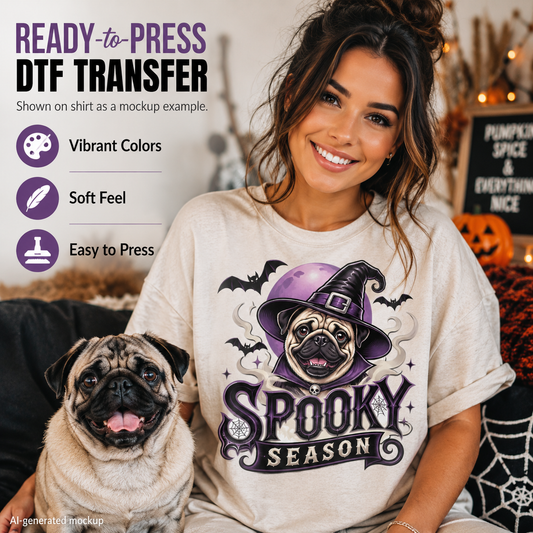 A woman wearing a cream-colored t-shirt with a 'Spooky Season' pug graphic, sitting next to a pug dog. The image includes promotional text for a 'Ready-to-Press DTF Transfer' and features an 'AI-generated mockup' watermark at the bottom left.