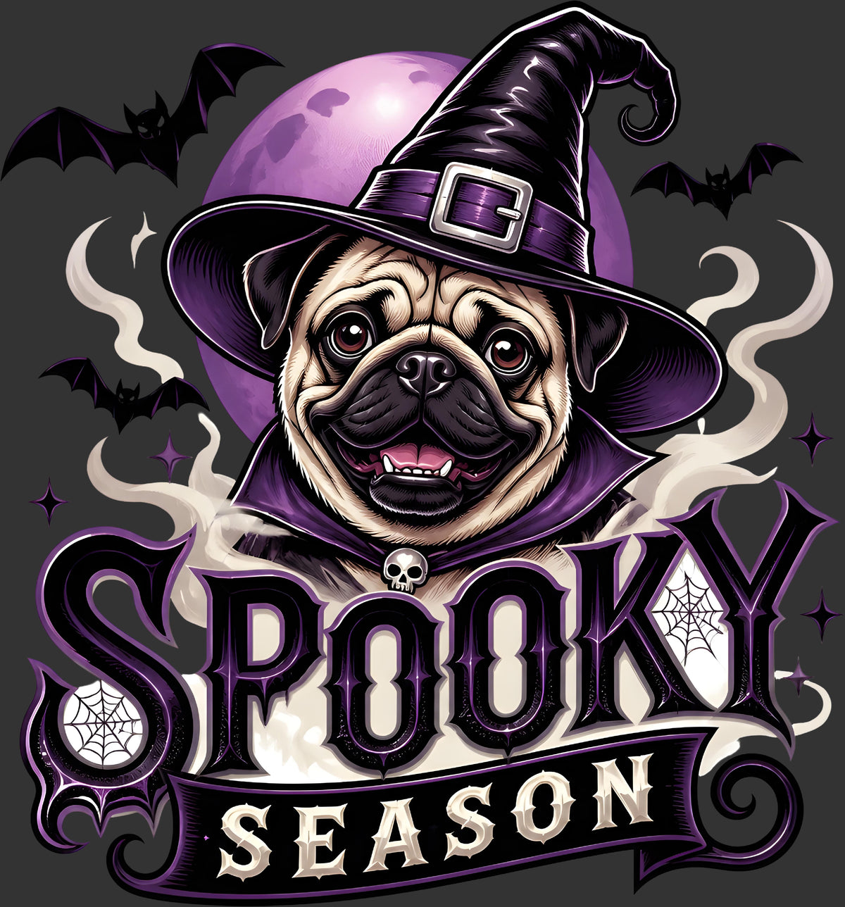 Halloween graphic featuring a pug dog dressed as a witch with a purple hat and cape, set against a dark gray background with a purple moon, bats, smoke, and the text 'Spooky Season' in large gothic lettering.
