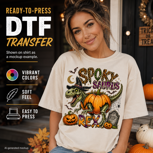 A woman wearing a cream-colored t-shirt with a colorful 'Spooky Saurus Rex' Halloween graphic, set against a festive autumn porch background with pumpkins and promotional text overlays.