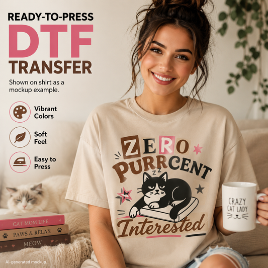 A woman wearing a beige graphic T-shirt with a cat illustration and the text 'ZERO PURR CENT Interested' sits on a couch holding a mug. The image includes marketing text for a ready-to-press DTF transfer, with icons noting vibrant colors, soft feel, and easy to press.