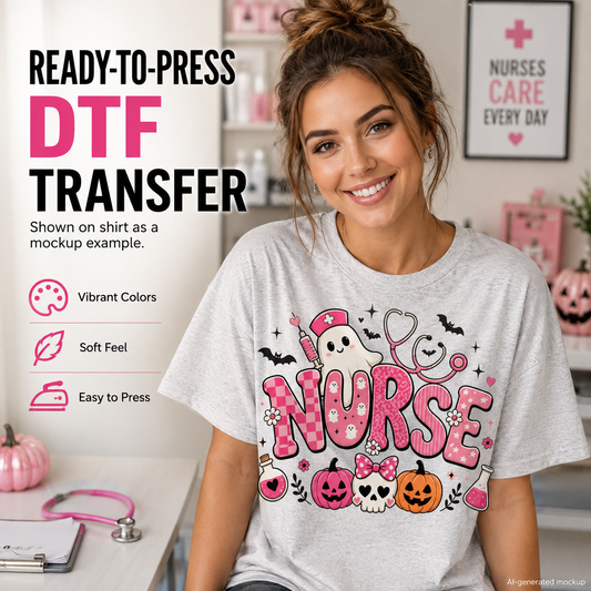 A woman wearing a light gray t-shirt with a colorful Halloween-themed 'NURSE' graphic, set in a mock clinic environment with promotional text overlays on the left.
