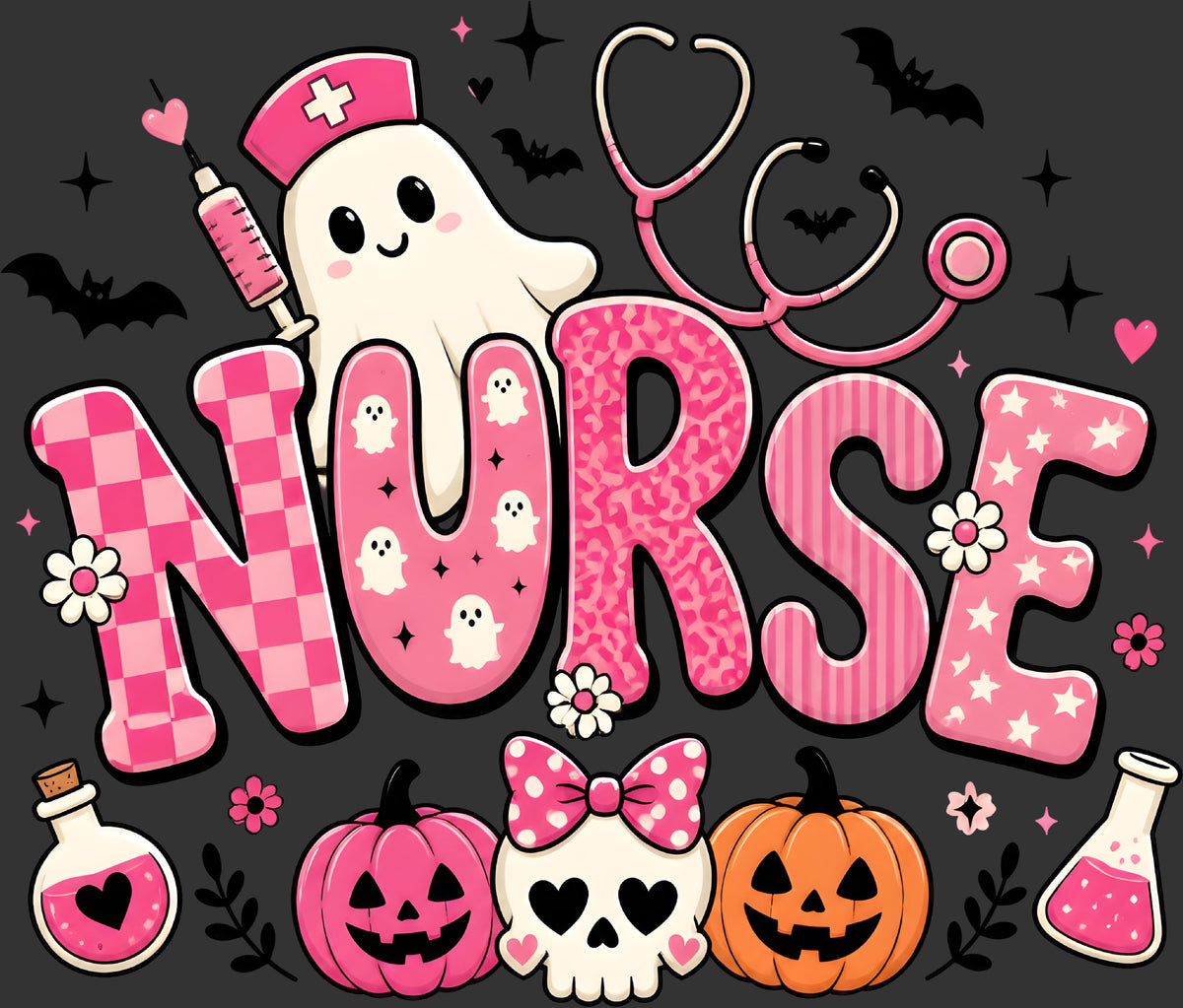 A cute Halloween-themed graphic design featuring the word 'NURSE' in large pink patterned letters, decorated with a cartoon ghost, stethoscope, pumpkins, skull, flowers, and bats on a dark gray background.