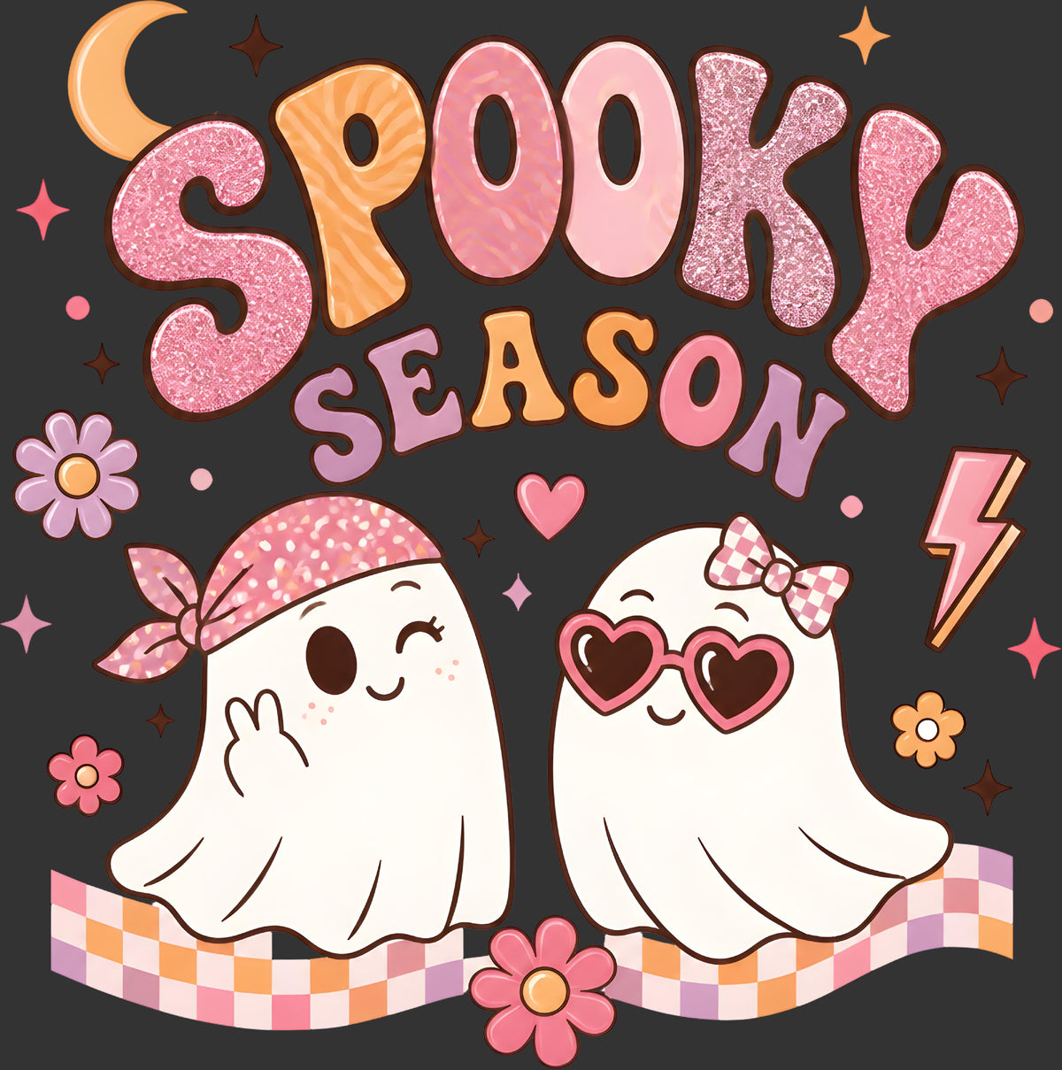 A cute Halloween graphic reading 'SPOOKY SEASON' in glittery pink and orange letters, with two smiling ghosts wearing pink bows and heart-shaped sunglasses on a dark gray background with flowers and stars.