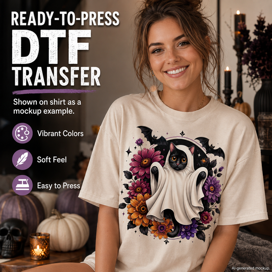A woman wearing a cream-colored t-shirt with a DTF (Direct to Film) graphic transfer of a black cat in a white ghost surrounded by purple, orange, and pink flowers. The image includes promotional text on the left highlighting the features of the ready-to-press DTF transfer.