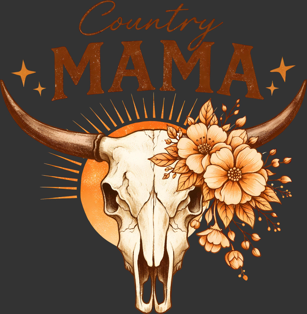 A rustic country-style graphic featuring a white bull skull with large brown horns, an orange sun behind it, and peach flowers on the right side. The words 'Country MAMA' appear above in brown lettering on a dark charcoal background.