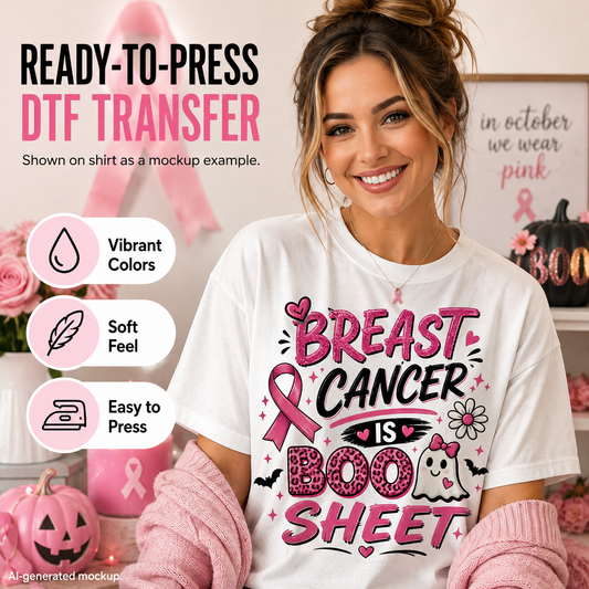 A smiling woman wearing a white graphic T-shirt with a pink and black 'Breast Cancer is Boo Sheet' design, posed in a decorated room with pink pumpkins, ribbons, and text callouts about DTF transfer qualities.