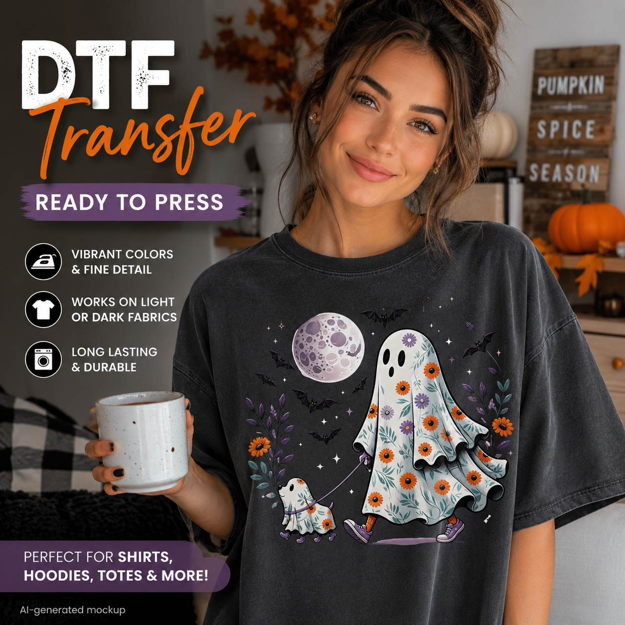A woman wearing a dark charcoal t-shirt with a colorful Halloween graphic of a ghost and dog under a moon, holding a mug. The image features promotional text overlays for a 'DTF Transfer' service.