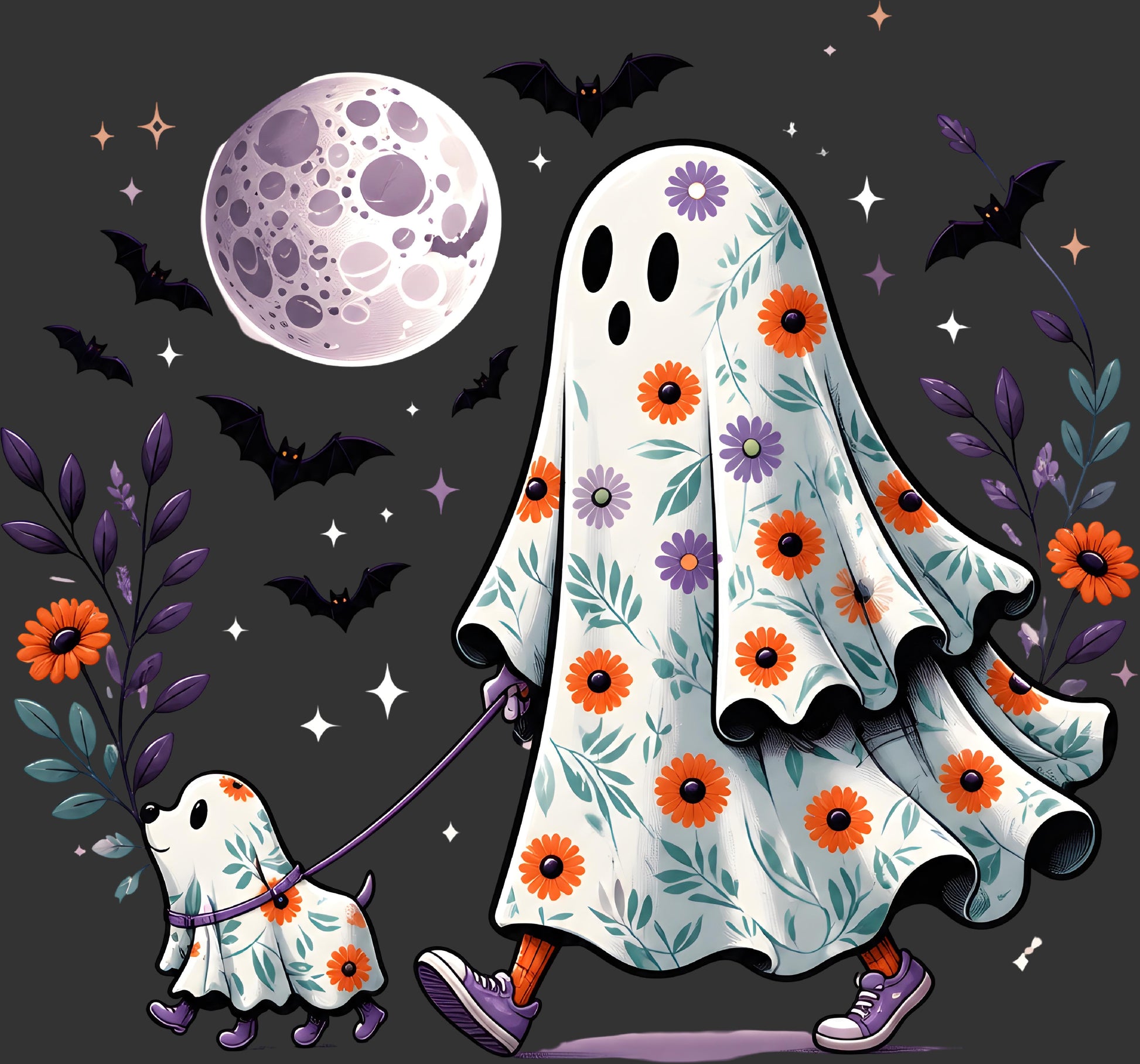 A stylized Halloween illustration of a ghost-like figure and a small dog walking together on a leash against a dark night sky. The figures are covered in a white fabric print with orange flowers, purple flowers, and green leaves.