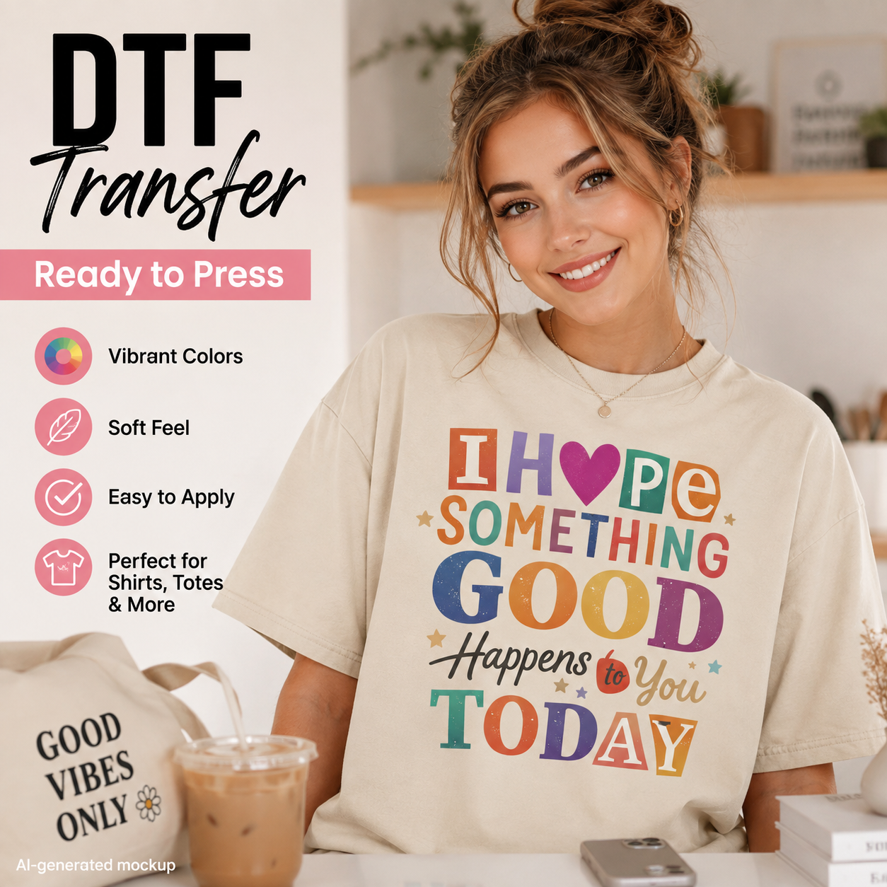A woman wearing a cream-colored t-shirt with a colorful 'I HOPE SOMETHING GOOD HAPPENS TO YOU TODAY' DTF transfer graphic. The image is a promotional mockup for a DTF (Direct to Film) transfer, featuring text overlays highlighting key features like 'Ready to Press', 'Vibrant Colors', and 'Soft Feel'.