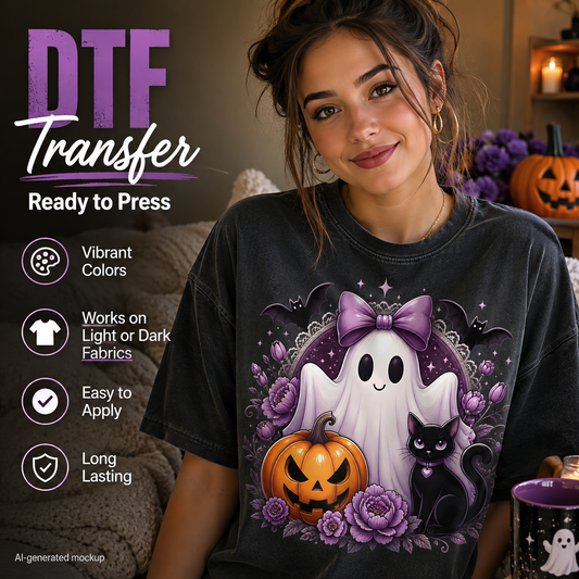 A woman wearing a dark gray T-shirt with a colorful Halloween graphic featuring a white ghost, purple bow, black cat, and orange pumpkin. The image includes promotional text for a DTF transfer and feature callouts on the left side.