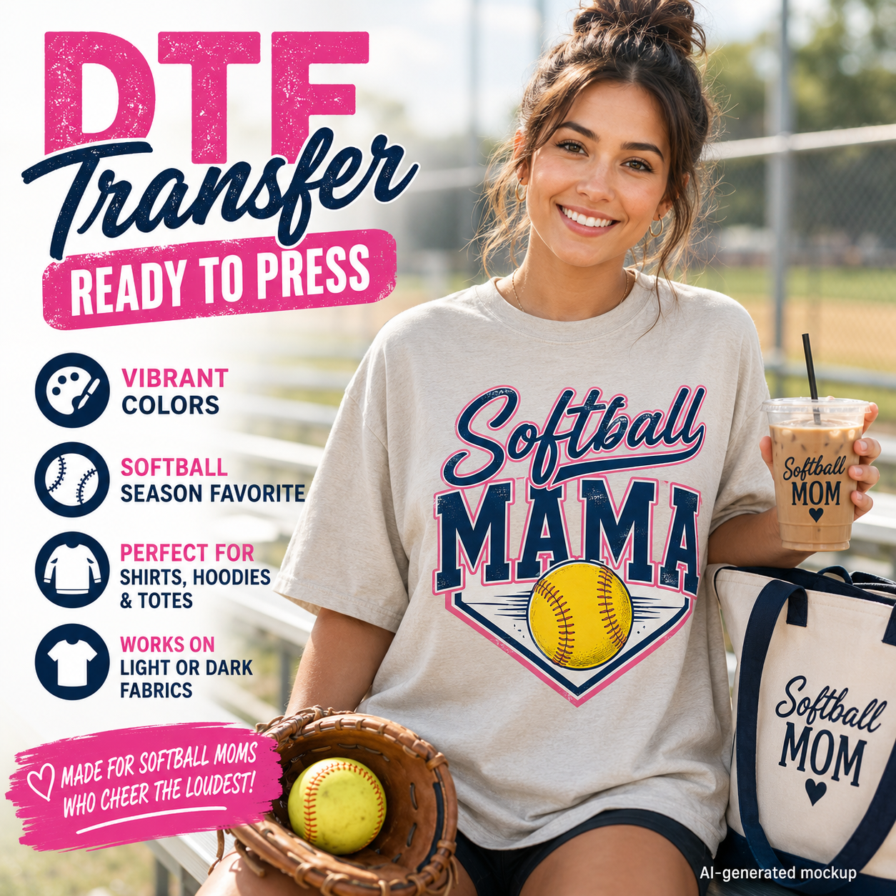 A woman at a softball field wears a light gray transfer shirt with a navy and pink 'Softball Mama' graphic and a yellow baseball. She holds a softball in a glove and holds an iced drink, with a tote bag beside her.