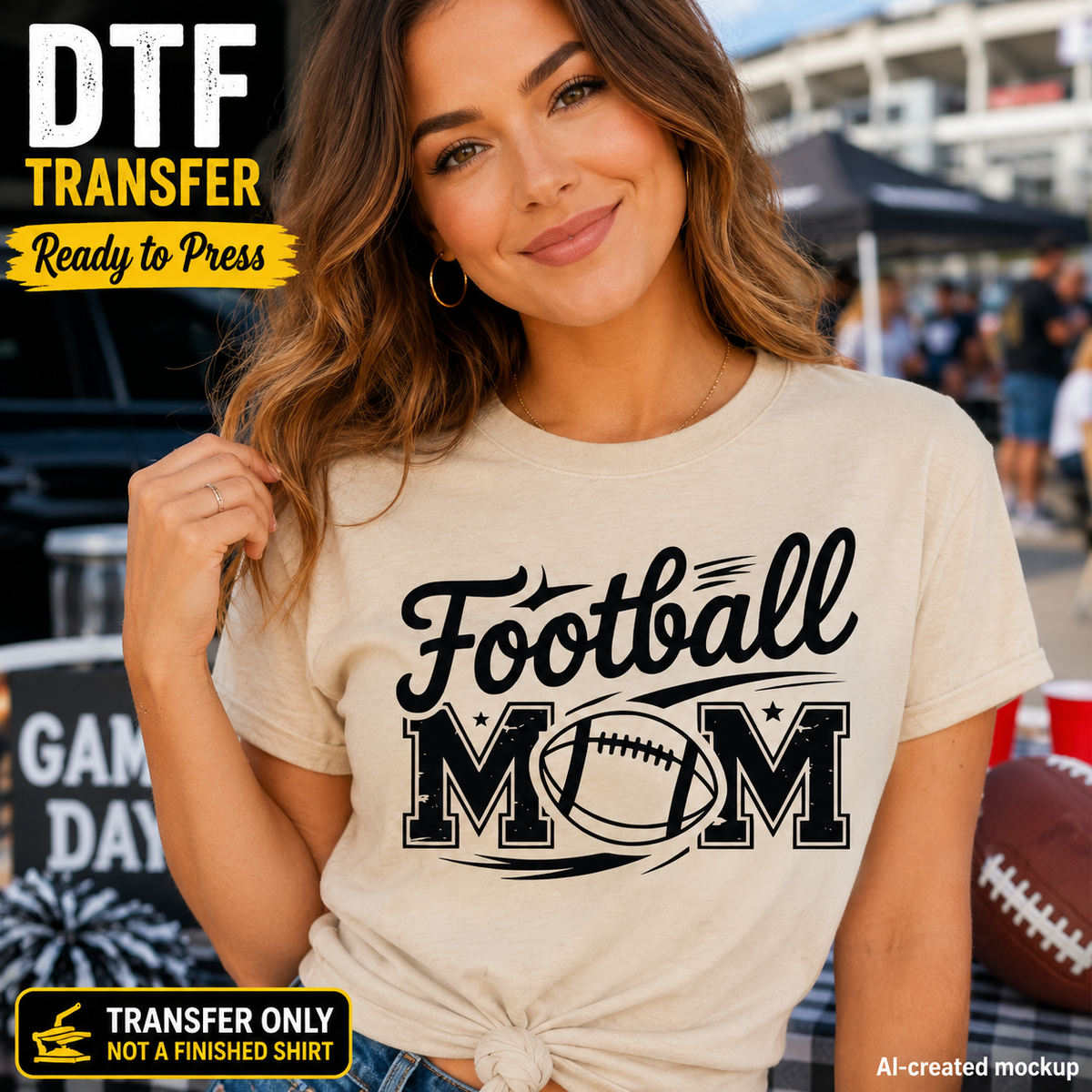 Football Mom DTF transfer featuring black football-themed lettering shown on a cream shirt mockup, ready to press for game day apparel.