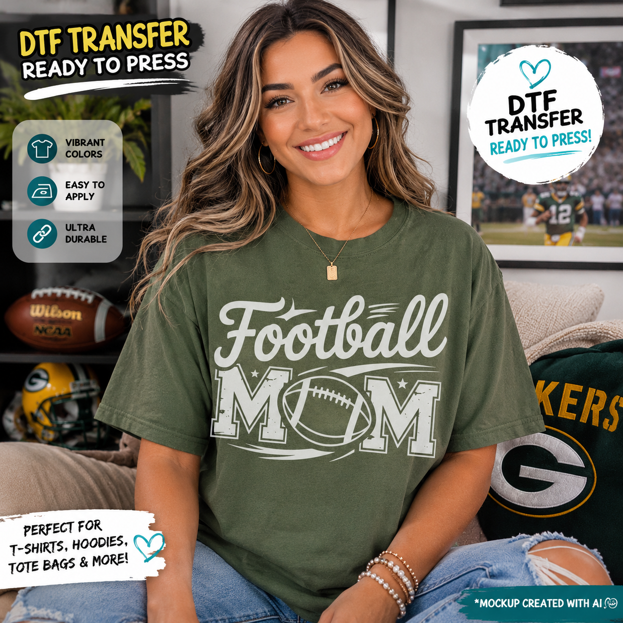 Football Mom DTF transfer shown on a green T-shirt mockup featuring a white football-themed design for game day apparel.