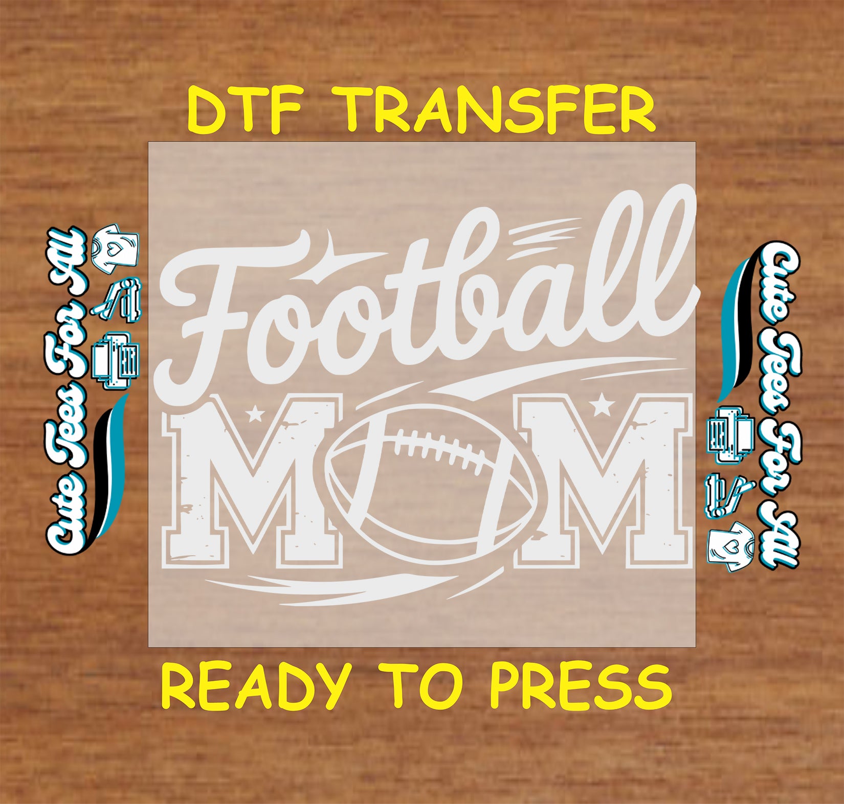 Football Mom DTF transfer design featuring white script lettering, varsity MOM letters, football graphic, and sporty accents.