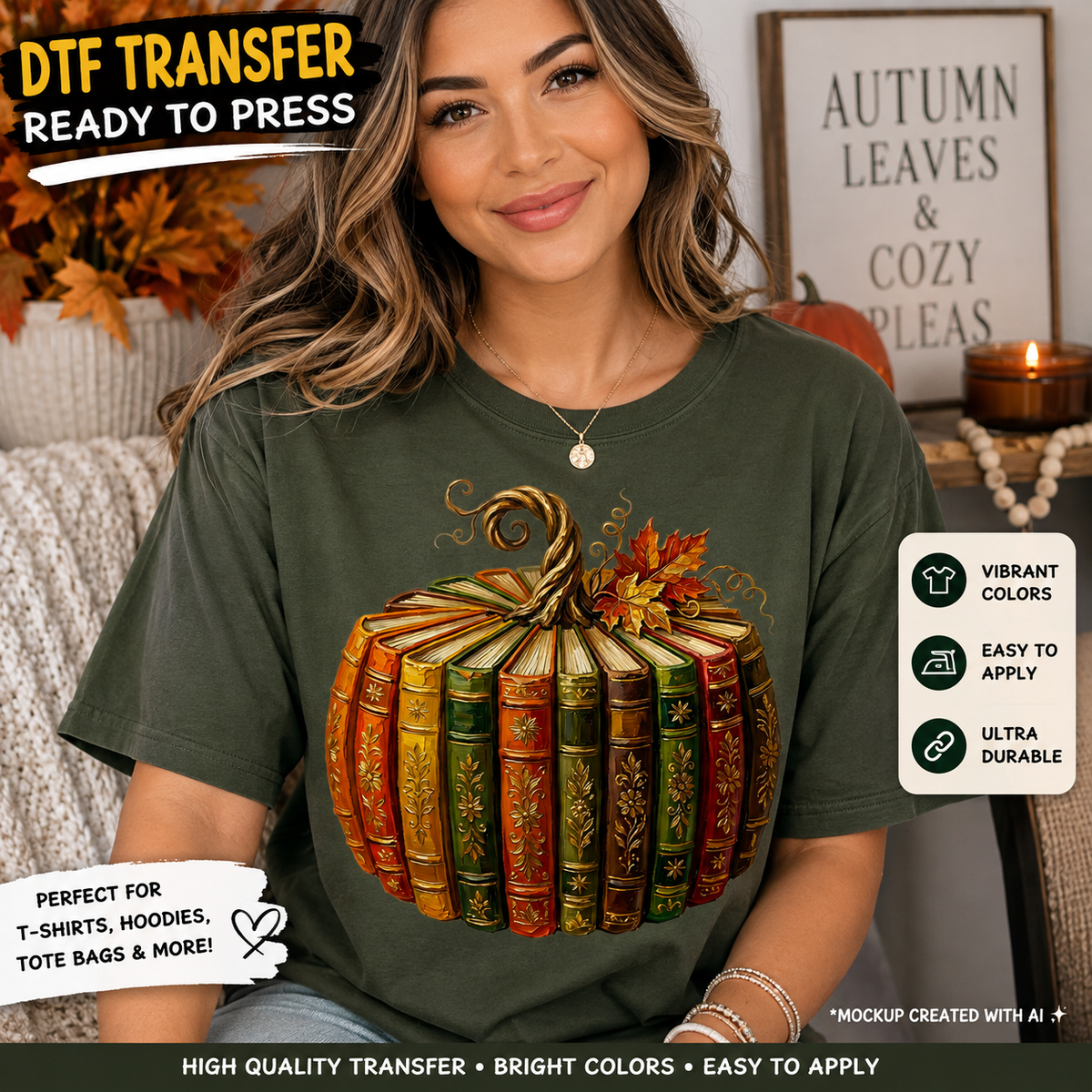 Book pumpkin DTF transfer shown on a dark green T-shirt mockup featuring colorful vintage books, autumn leaves, and fall details.