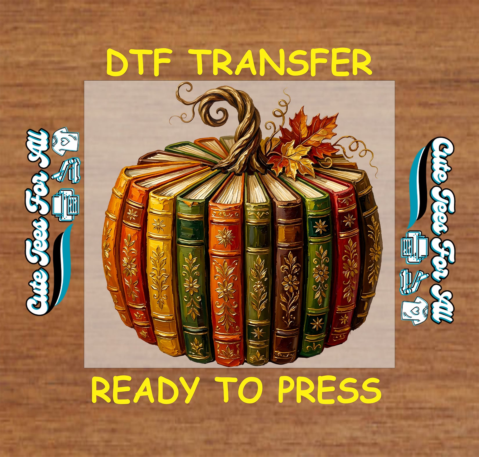 Fall book pumpkin DTF transfer design featuring colorful stacked books shaped like a pumpkin with autumn leaves and decorative details.