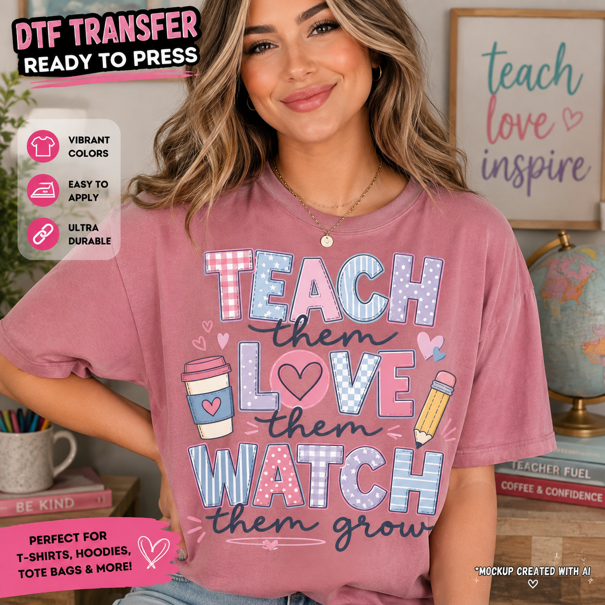 Teach Them Love Them Watch Them Grow DTF transfer shown on a pink T-shirt mockup with colorful teacher-themed lettering, coffee cup, hearts, and pencil.