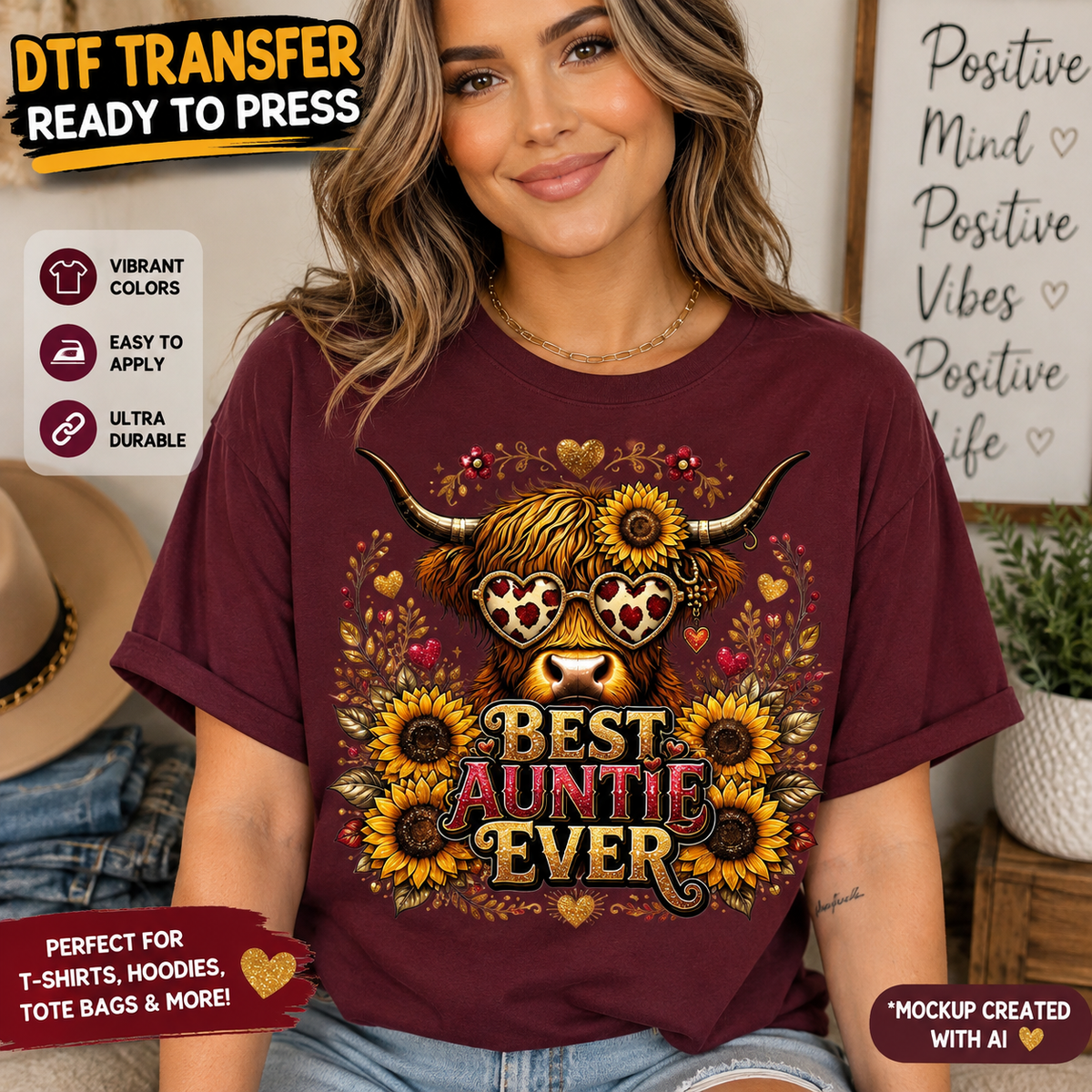 Best Auntie Ever Highland Cow DTF transfer shown on a burgundy T-shirt mockup with heart sunglasses, sunflowers, hearts, and western details.