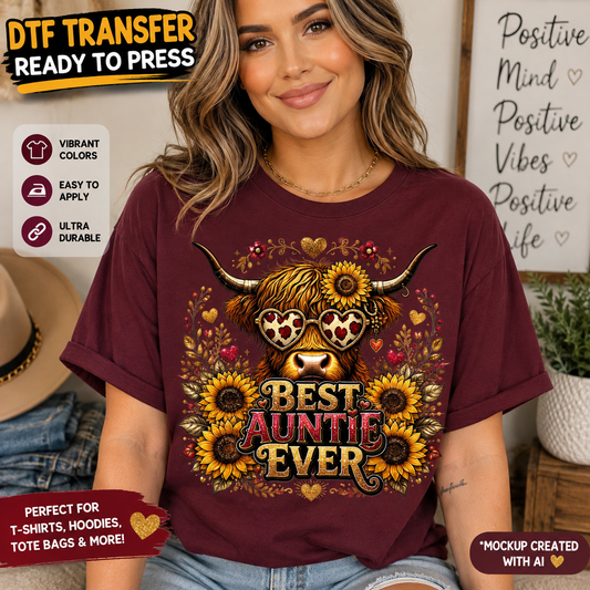 Best Auntie Ever Highland Cow DTF transfer shown on a burgundy T-shirt mockup with heart sunglasses, sunflowers, hearts, and western details.