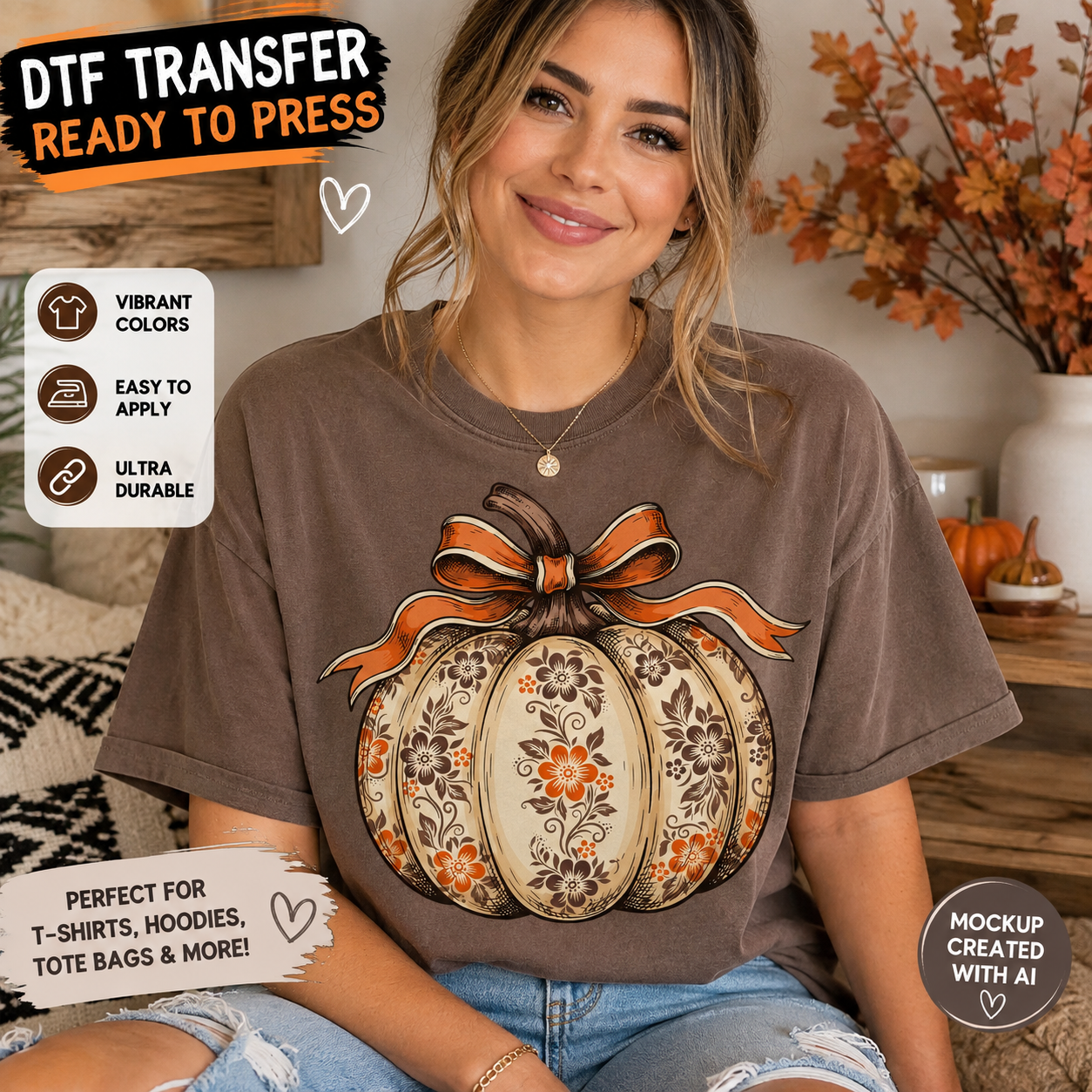 Floral pumpkin DTF transfer shown on a brown T-shirt mockup featuring a cream patterned pumpkin with orange floral details and a large bow.