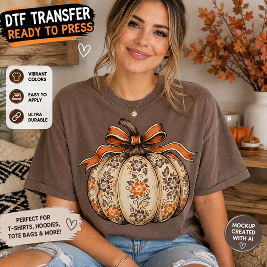 Floral pumpkin DTF transfer shown on a brown T-shirt mockup featuring a cream patterned pumpkin with orange floral details and a large bow.