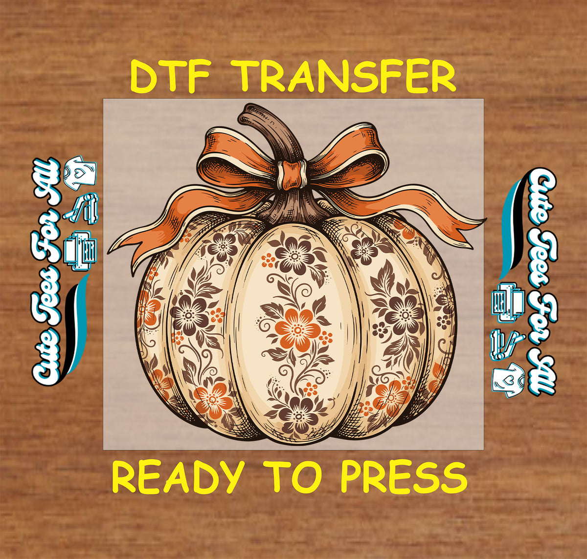 Vintage floral pumpkin DTF transfer design featuring a cream pumpkin with brown and orange flowers, decorative patterns, and an orange bow.