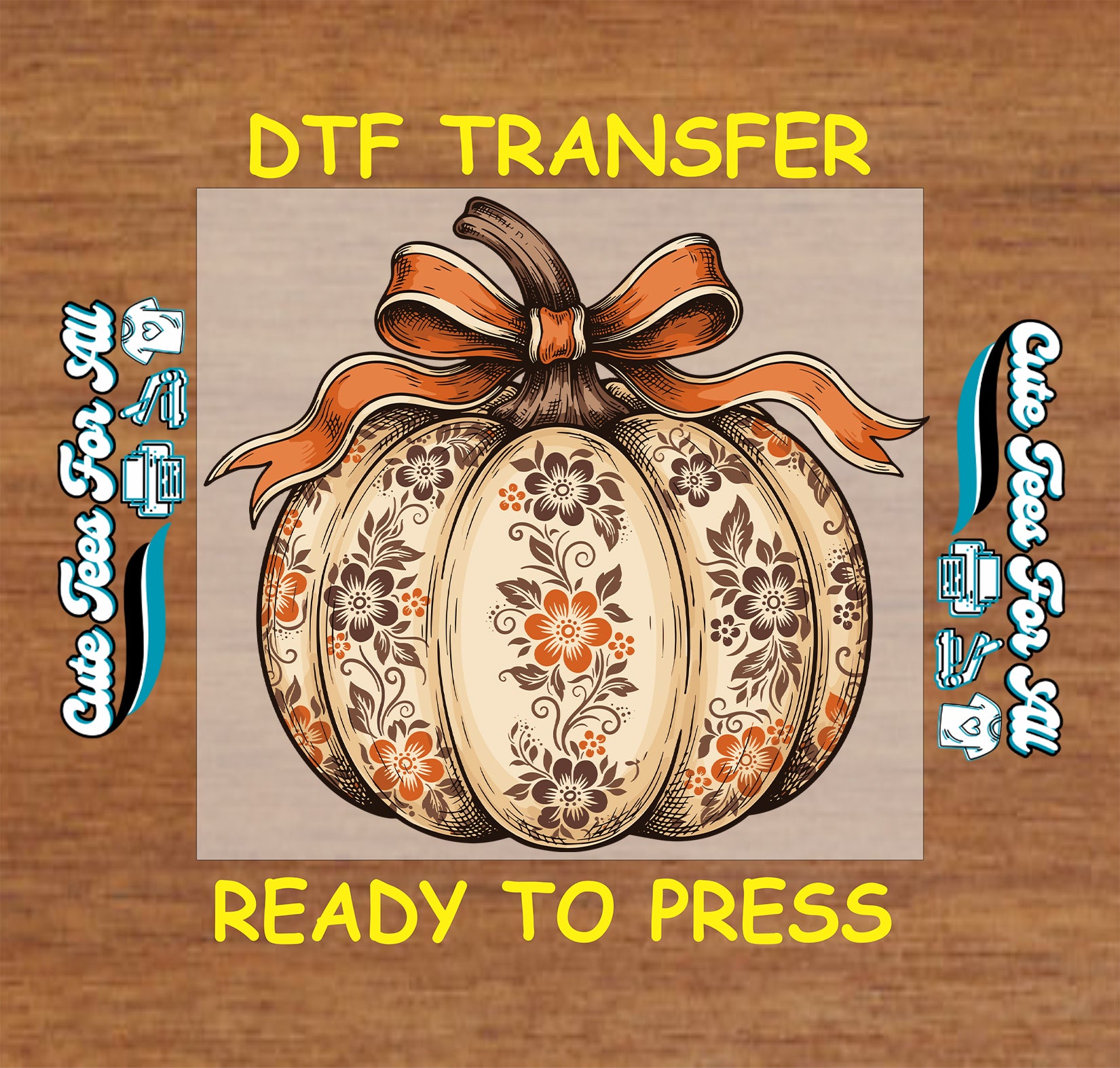 Vintage floral pumpkin DTF transfer design featuring a cream pumpkin with brown and orange flowers, decorative patterns, and an orange bow.
