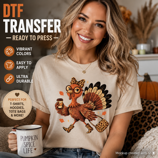 Thanksgiving turkey DTF transfer shown on a cream T-shirt mockup featuring a stylish turkey with glasses, leopard-print accessories, and coffee cup.