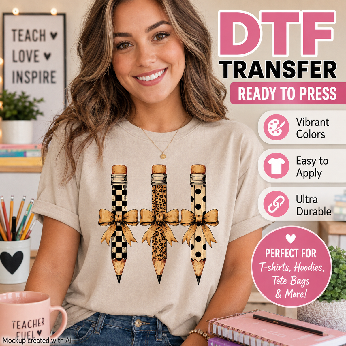 Teacher pencil bow DTF transfer shown on a cream T-shirt mockup featuring three decorative pencils with checkerboard, leopard print, polka dots, and bows.