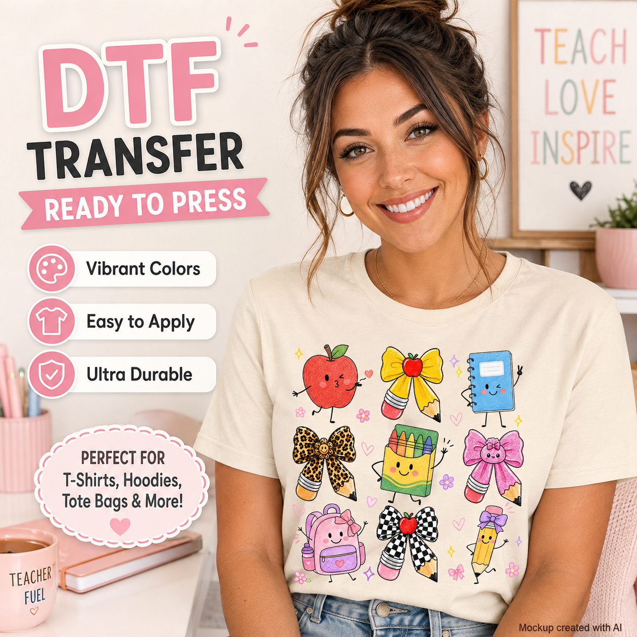 Cute teacher school supplies DTF transfer shown on a cream T-shirt mockup with apple, pencils, bows, notebook, crayons, and backpack graphics.