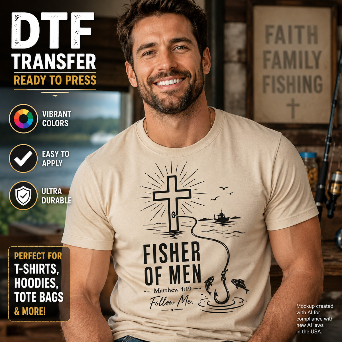 Fisher of Men Christian DTF transfer shown on a cream T-shirt mockup with cross, fishing hook, fish, water, and Matthew 4:19 design.