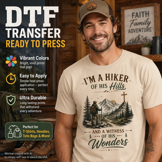 Christian hiking DTF transfer shown on a cream T-shirt mockup featuring a hiker, mountains, pine trees, cross, and faith-inspired quote.