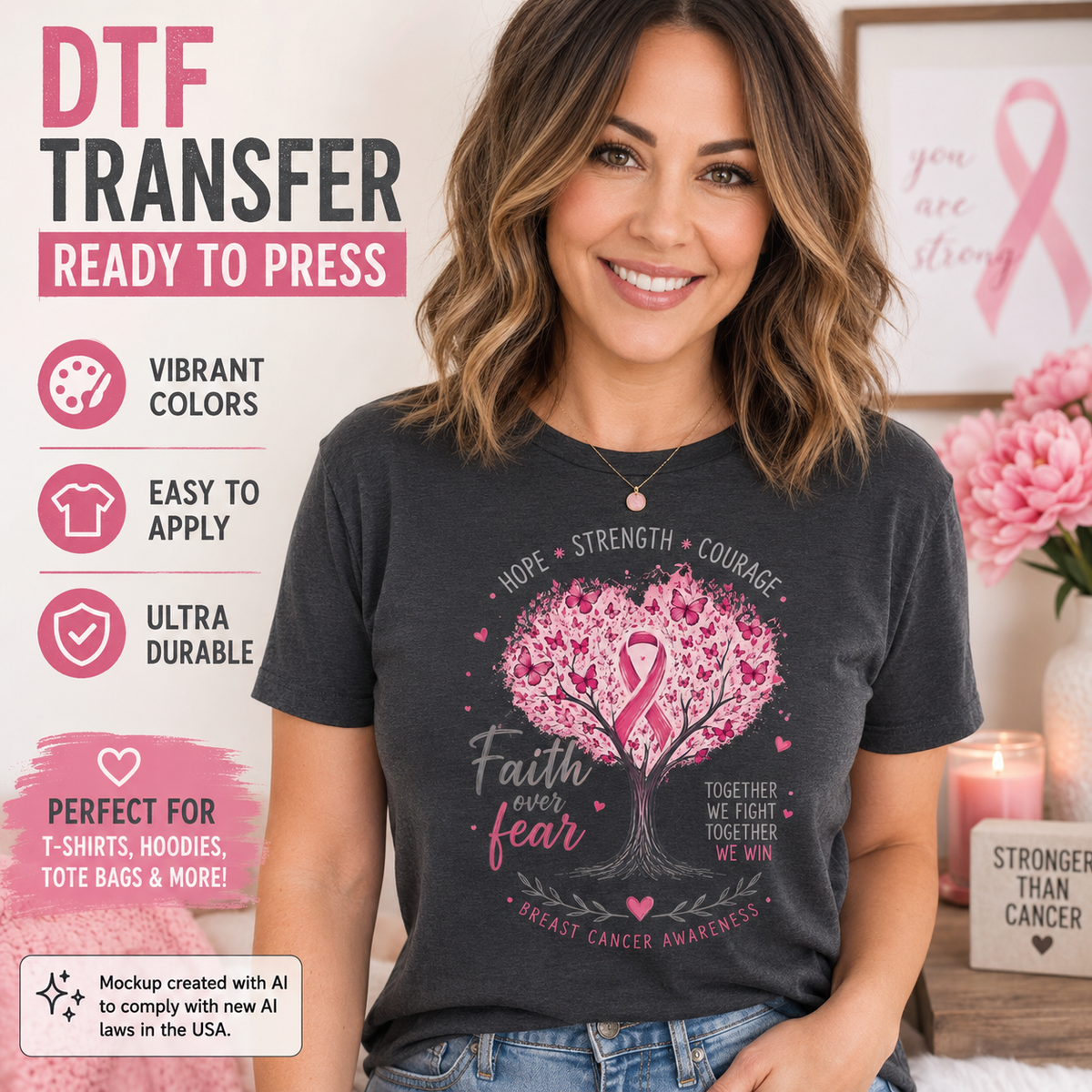 Faith Over Fear breast cancer awareness DTF transfer shown on a charcoal T-shirt mockup with pink ribbon tree, butterflies, hearts, and inspirational text.