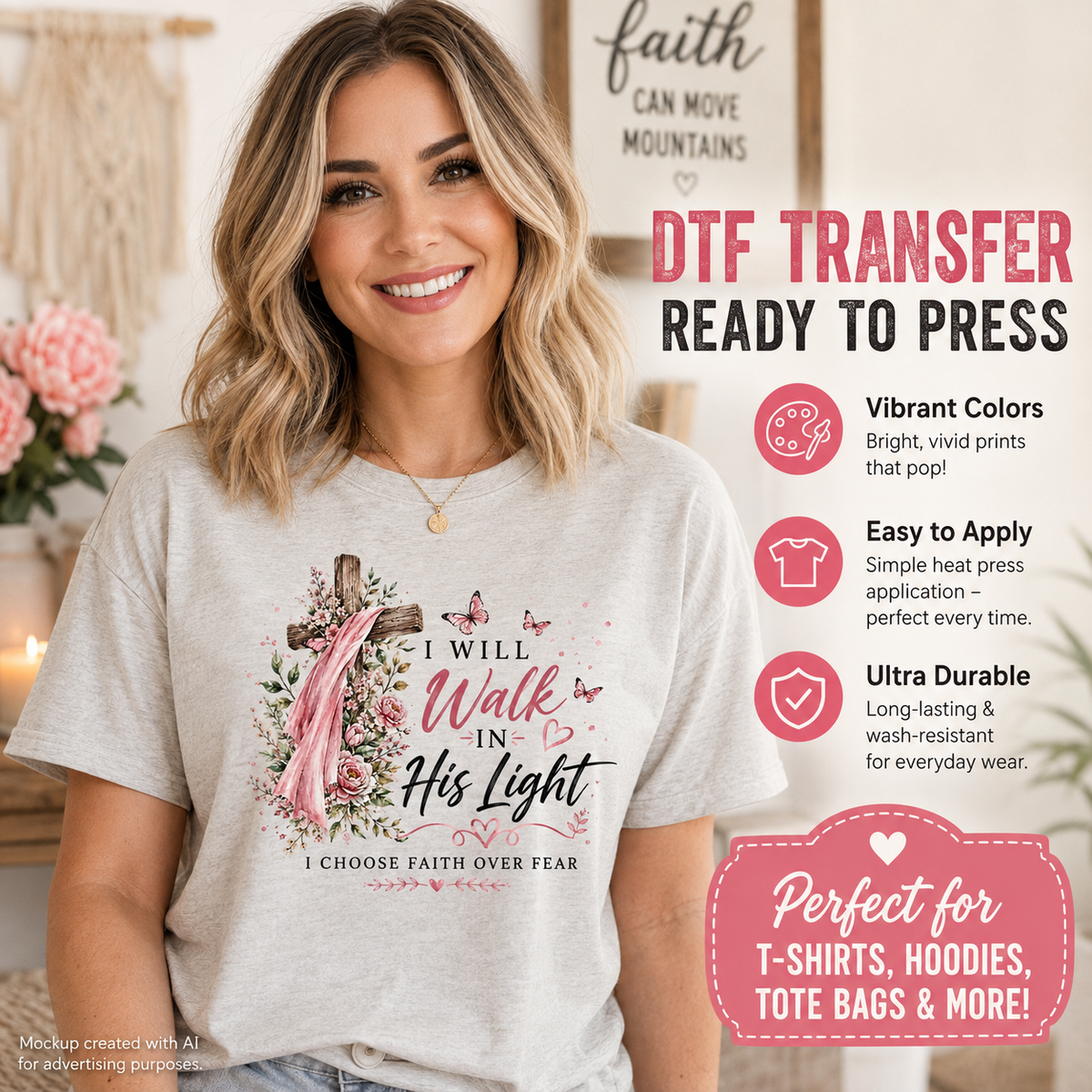 I Will Walk in His Light Christian DTF transfer shown on a light gray T-shirt mockup with rustic cross, pink ribbon, flowers, butterflies, and faith-inspired lettering.