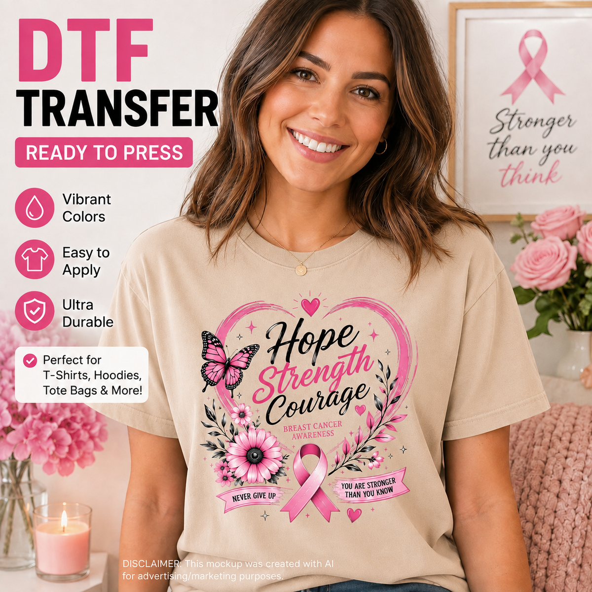 Hope Strength Courage breast cancer awareness DTF transfer shown on a cream T-shirt mockup with pink ribbon, butterfly, flowers, hearts, and inspirational text.