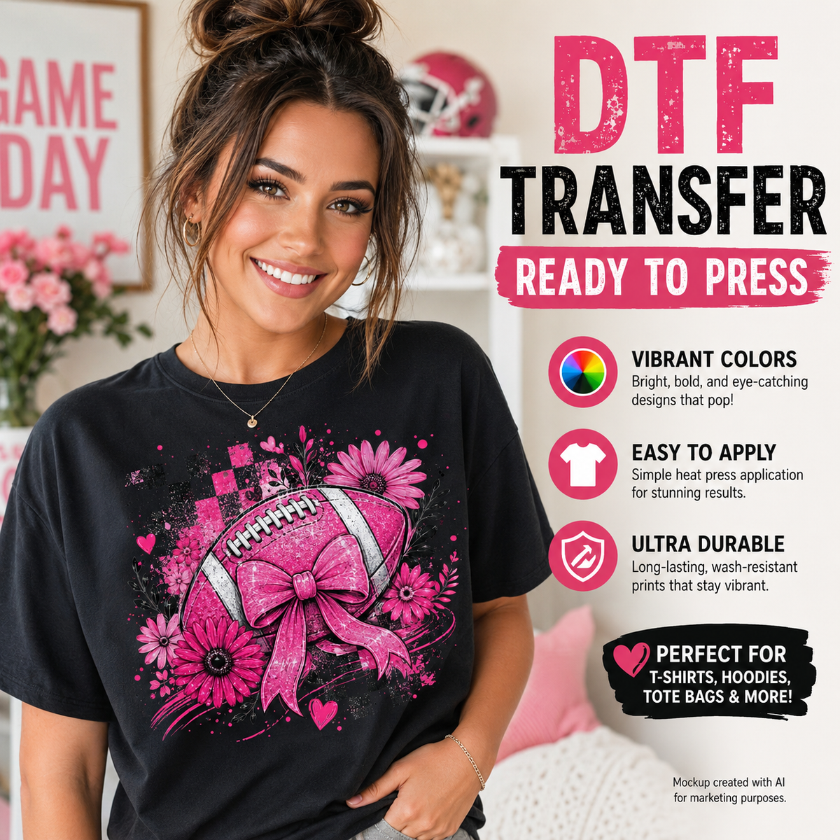 Pink football breast cancer awareness DTF transfer shown on a black T-shirt mockup with large bow, pink flowers, hearts, and game-day design.