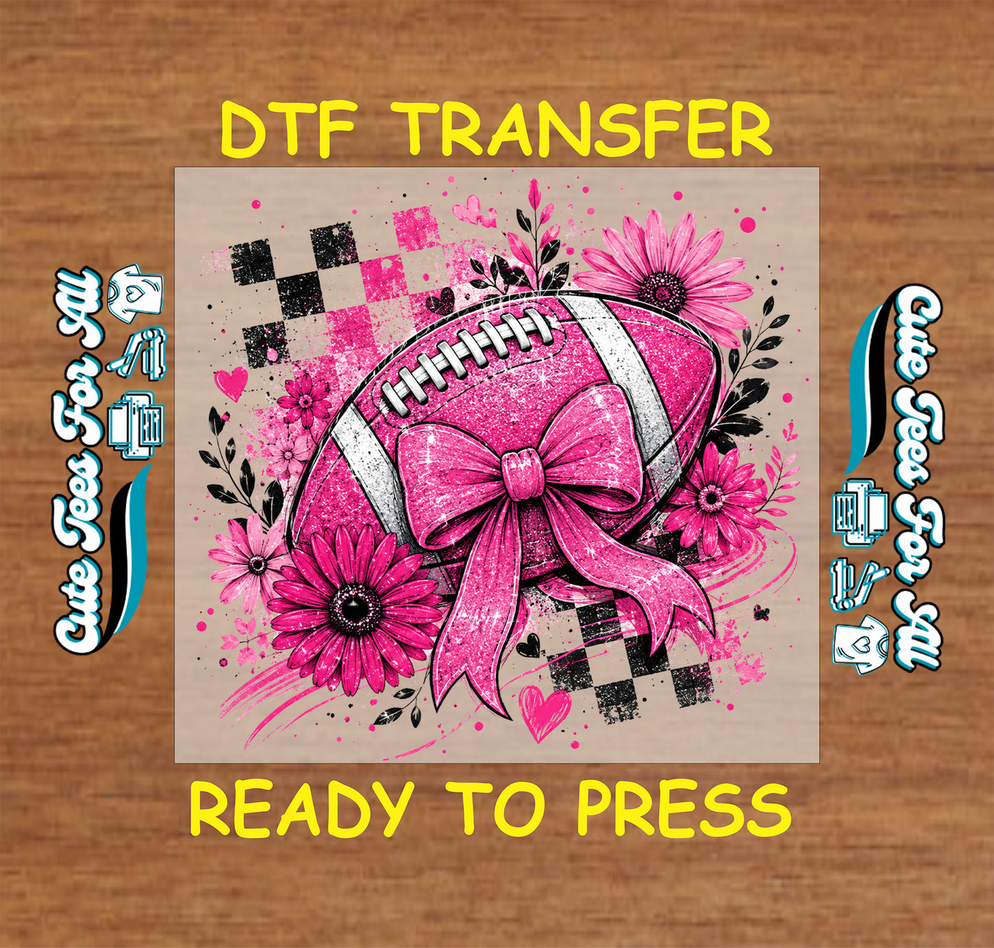 Pink football DTF transfer design featuring a football with large bow, pink flowers, hearts, and breast cancer awareness-inspired details.