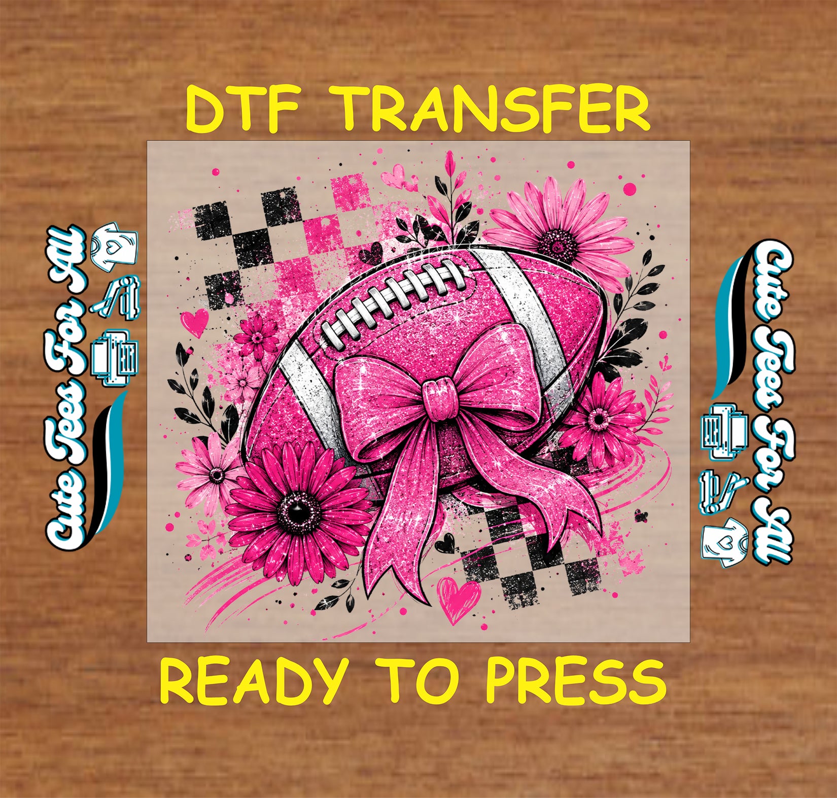 Pink football DTF transfer design featuring a football with large bow, pink flowers, hearts, and breast cancer awareness-inspired details.