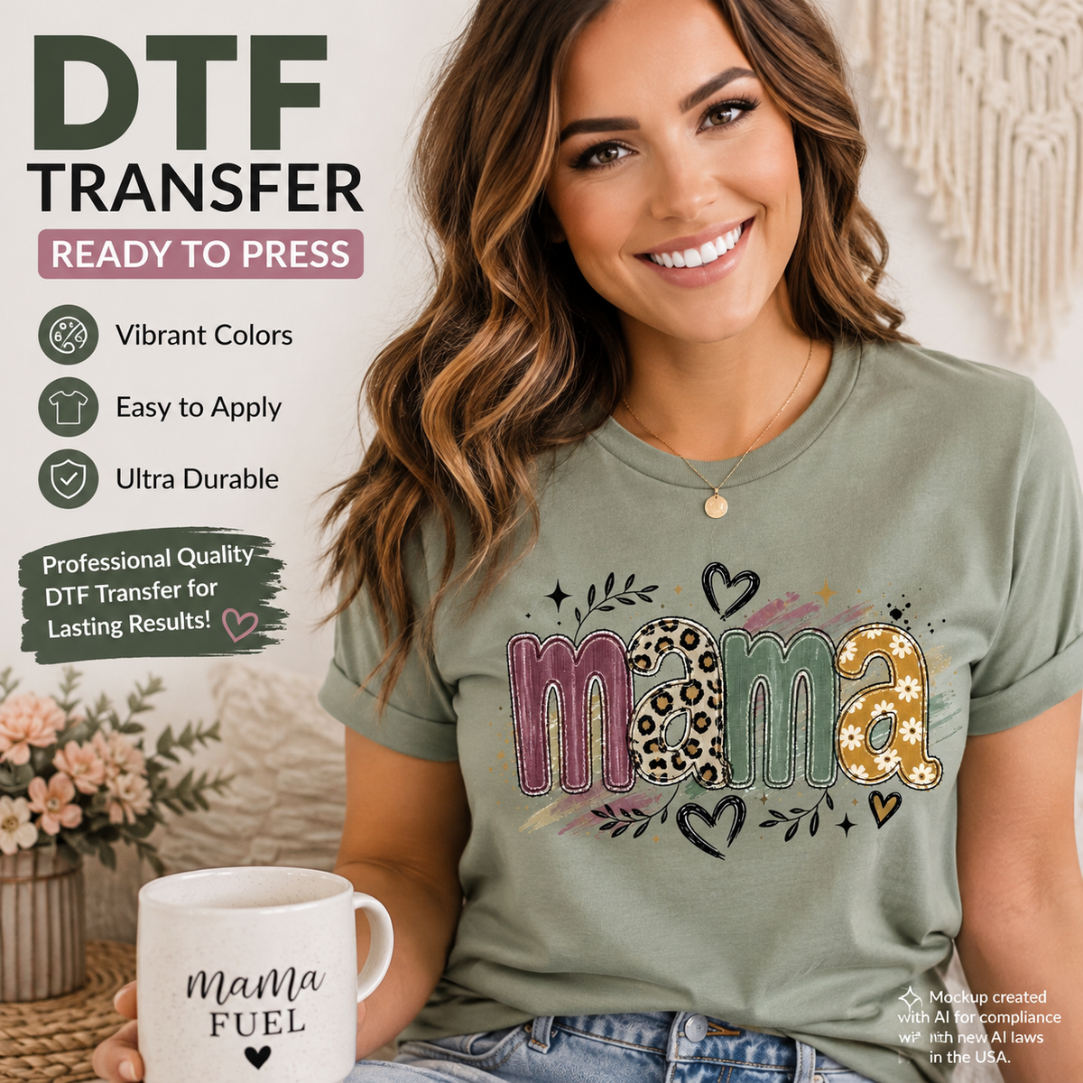 Mama DTF transfer shown on a sage green T-shirt mockup with leopard print, floral lettering, hearts, and decorative accents.